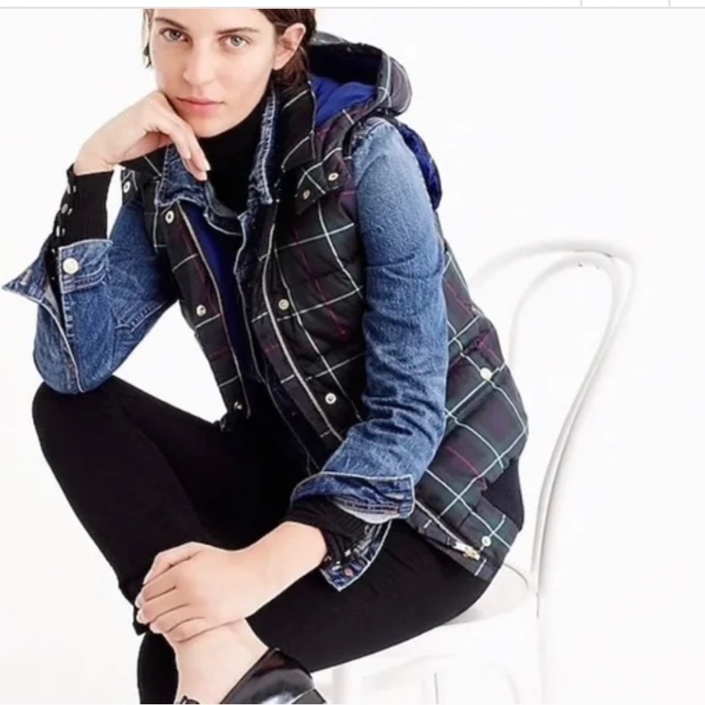 COPY - J. Crew Black Label Excursion Vest Plaid Navy Hooded Puffy size xxs
